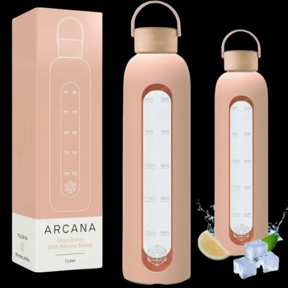 Glass Water Bottle With Time Marker and Silicone Sleeve, Dusty Rose Pink, 32oz